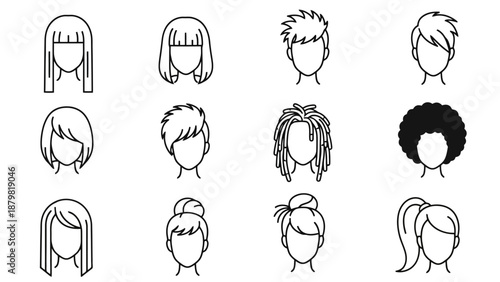 Collection of diverse hairstyles for men and women, including straight, wavy, curly, and updos, presented in a clean, minimalist line art style.