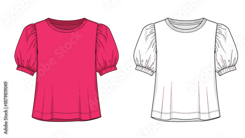 Fashion Vector Illustration of Women's Puff Sleeve Crew Neck Top with Pleated Hem Details in Pink and White Color Options