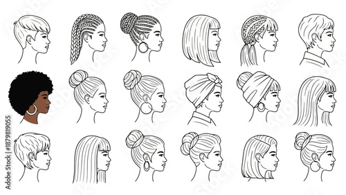 A diverse collection of female hairstyles depicted in profile, showcasing various lengths, textures, and cultural styles.