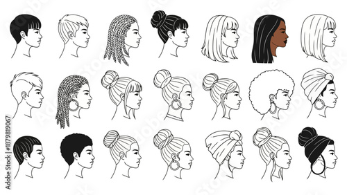 A collection of diverse female hairstyles and head coverings shown in profile, illustrating various cultural and fashion expressions.