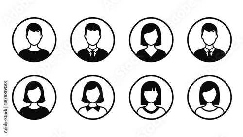 A collection of eight simple, black and white avatar icons representing diverse individuals in a circular format.