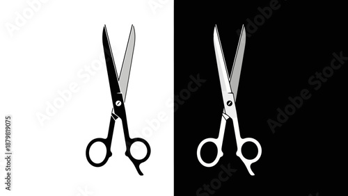 A striking visual comparison of two pairs of scissors, one silhouetted against a white background and the other against a black background.
