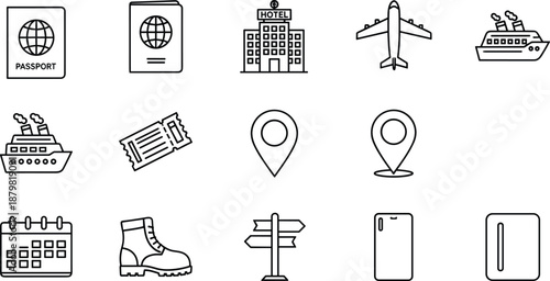 Comprehensive travel vector collection featuring professional photographer silhouettes, world landmarks, camping equipment, and tourism icons for global adventure and vacation.