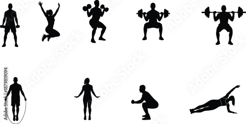 Fitness Workout Silhouettes Set Featuring People Weightlifting Squatting Jumping Rope and Bodyweight Exercises for Gym Training Health and Wellness Vector