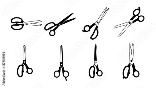 A collection of eight different types of scissors, illustrated in a black and white line drawing style.