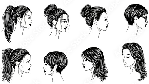 Collection of diverse female hairstyles illustrated in profile view, showcasing various updos, ponytails, and short cuts.