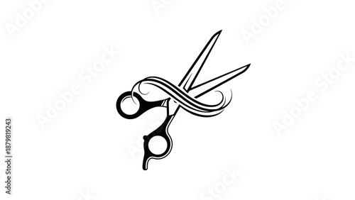 Stylized black and white illustration of open scissors with an elegant swirling ribbon design, representing hair cutting or salon services.