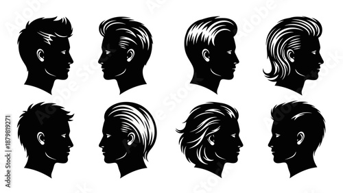 Eight black silhouettes of men's heads in profile, illustrating various modern hairstyles with white highlights on a white background.