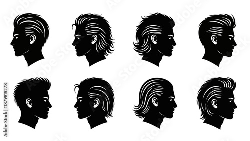 Collection of eight black and white silhouette profiles of men's hairstyles, showcasing various lengths and styling.