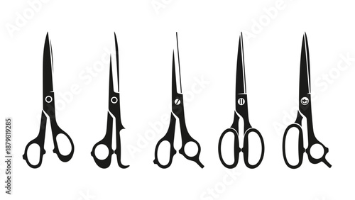 A collection of five black silhouette illustrations of various types of scissors, displayed against a white background.