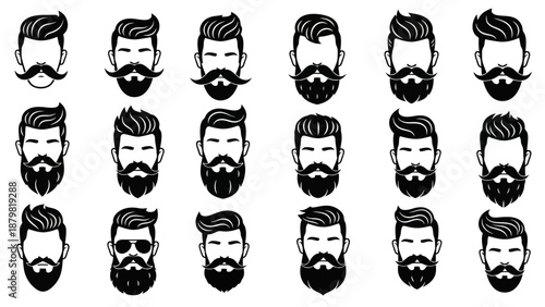 Collection of diverse beard styles and mustache designs for men, showcasing various facial hair grooming trends.