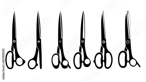A collection of six black silhouette scissors of varying sizes and styles, displayed in a row against a white background.