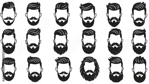 A diverse collection of male faces showcasing various beard and hair styles, presented as black and white vector silhouettes.