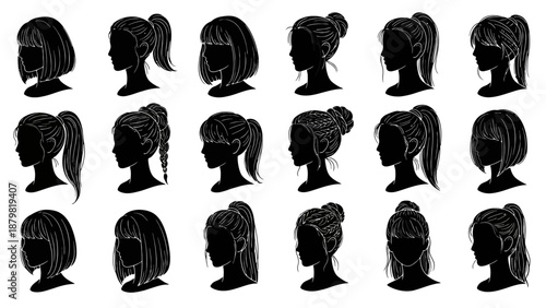 Collection of black silhouettes depicting various women's hairstyles and haircuts, including bobs, ponytails, braids, and updos, isolated on a white background.