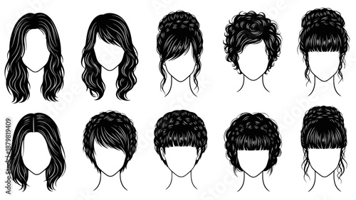 Vector illustration set of various female hairstyles including long, short, curly, wavy, and updo styles, perfect for fashion and beauty designs.