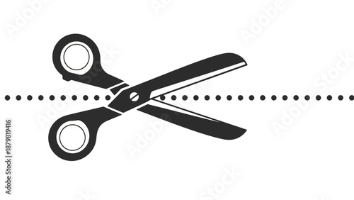 Black and white graphic illustration of open scissors positioned above a horizontal dotted line, indicating a cutting instruction.