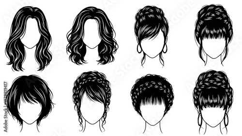 A collection of eight diverse black and white line art illustrations showcasing various female hairstyles including long wavy, curly, short bob, updos, and braided styles.