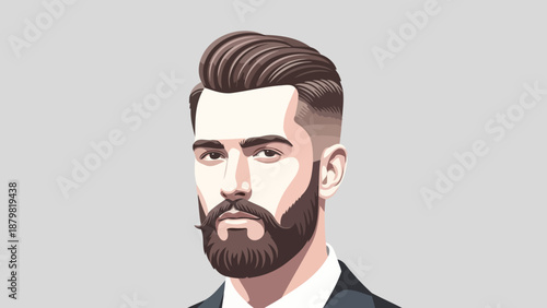 A stylish illustration of a man with a well-groomed beard and a modern fade haircut, wearing a suit, depicted against a plain background.