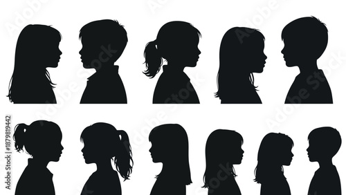 Silhouettes of diverse children's heads in profile, showing various hairstyles and ages, against a white background.
