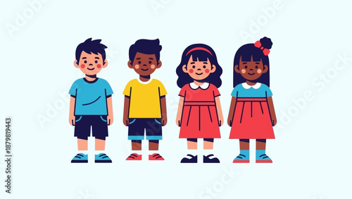 Four diverse cartoon children standing together, smiling happily, representing childhood and friendship.