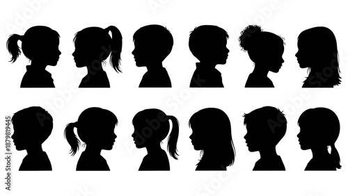 Collection of diverse child silhouettes in profile, showcasing various hairstyles and head shapes, representing childhood and individuality.
