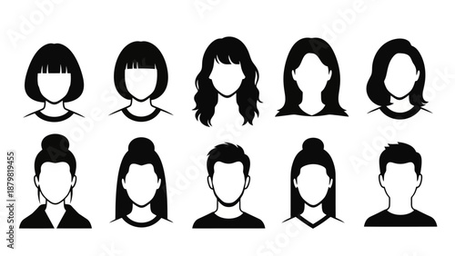 Collection of diverse cartoon avatars showcasing various hairstyles and genders, presented in a clean, black and white graphic style.