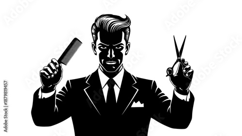 Stylized black and white illustration of a dapper man in a suit holding a comb and scissors, representing a barber or hairstylist.