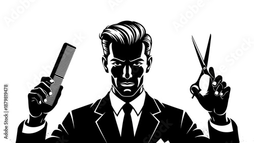 Stylized black and white illustration of a sharp-dressed barber holding a comb and scissors, ready for a haircut.