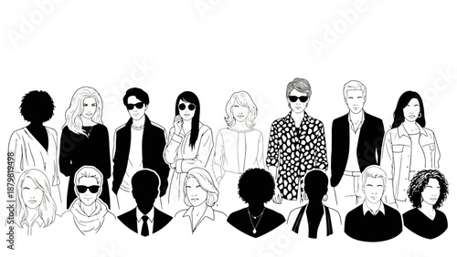 A diverse group of men and women in various styles, depicted in a black and white line art illustration with some figures as silhouettes.