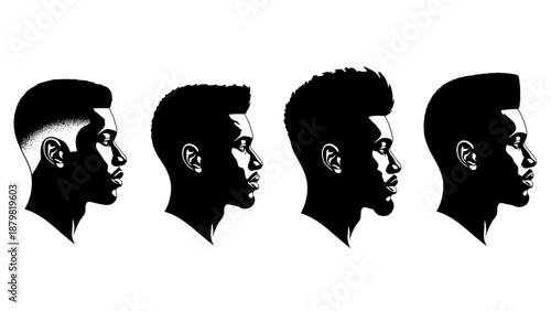 Four distinct black and white profile illustrations of men's hairstyles, showcasing fades, tapers, and textured tops.