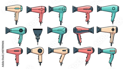 A collection of diverse hair dryers in various colors and styles, showcasing different designs and attachments for hair styling.