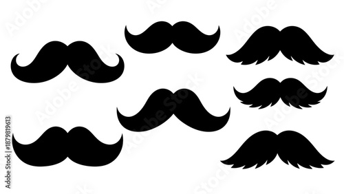 A collection of seven black mustache illustrations on a white background, showcasing various styles of facial hair.