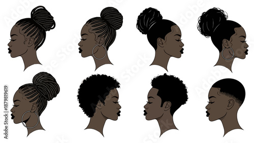 Collection of diverse Black hairstyles for women, showcasing various updos, braids, and natural hair textures.