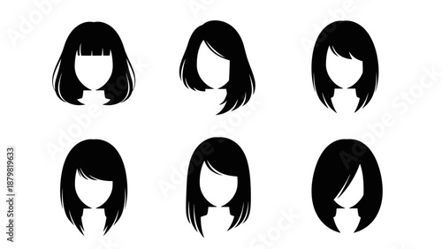 Collection of six diverse black silhouette hairstyles for women, showcasing various lengths and bangs.