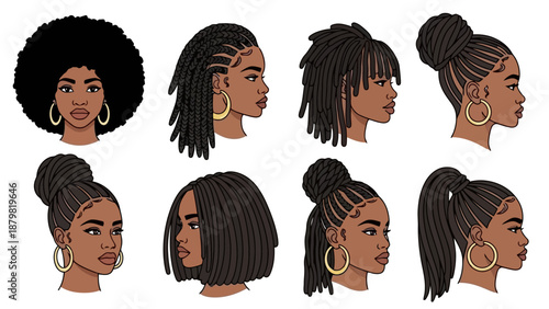 Collection of diverse hairstyles for Black women, showcasing various braiding techniques, updos, and natural hair textures.