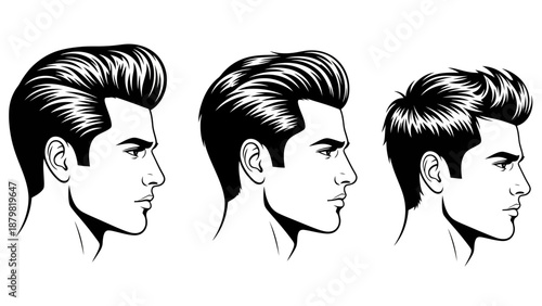 Three profile illustrations of men's hairstyles, showcasing different lengths and styling techniques from classic pompadour to modern textured crop.