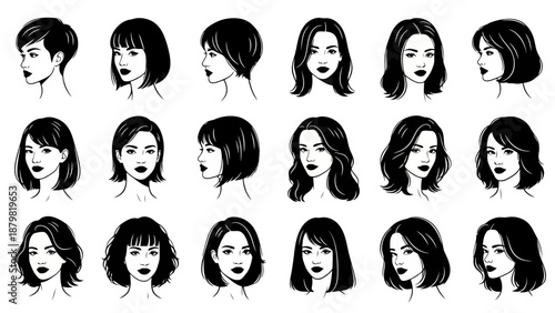 A collection of diverse female hairstyles, showcasing various lengths, cuts, and styles for women.