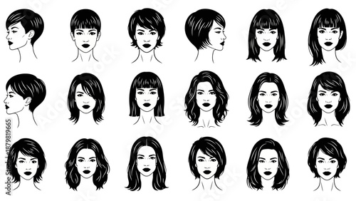 A comprehensive collection of diverse female hairstyles, showcasing various lengths, cuts, and styling techniques.