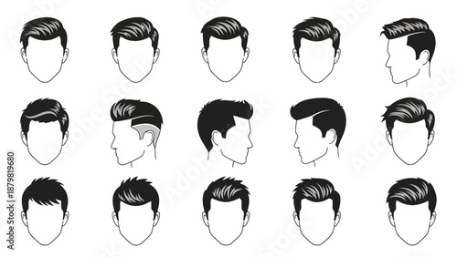 Collection of diverse male hairstyles, showcasing various cuts and styling techniques for modern men's grooming.