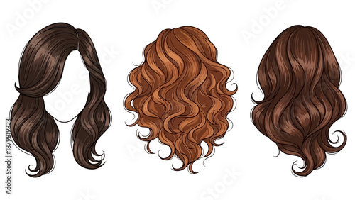 Three illustrated women's hairstyles showcasing different lengths, colors, and textures, including wavy and curly styles.