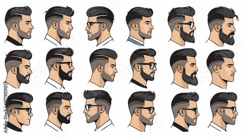 Collection of diverse male profiles showcasing modern hairstyles and various beard styles with and without glasses, in an illustrative vector art style.