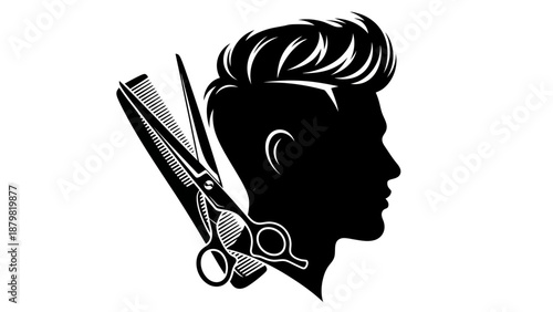 Stylized black silhouette of a man's head with a modern haircut, accompanied by barber scissors and a comb, representing a barbershop or hair salon concept.