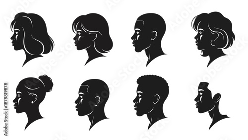 Eight black silhouettes of diverse people's heads in profile, showcasing various ages and hairstyles against a clean white background.