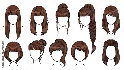 Collection of diverse female hairstyles, showcasing various cuts, updos, and braids in a brown hair color palette.