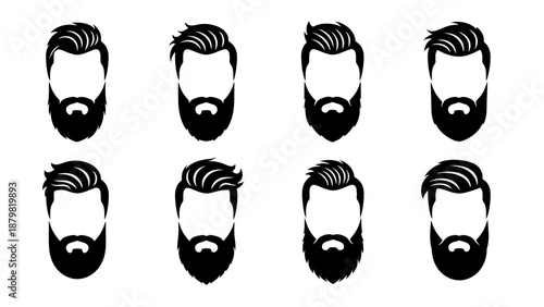 Eight black and white silhouettes showcasing different men's beard and hairstyle combinations, emphasizing various modern male grooming trends.