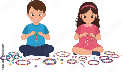 Cute boy and girl making colorful bead necklaces creative learning activity cartoon vector illustration for kids education isolated background