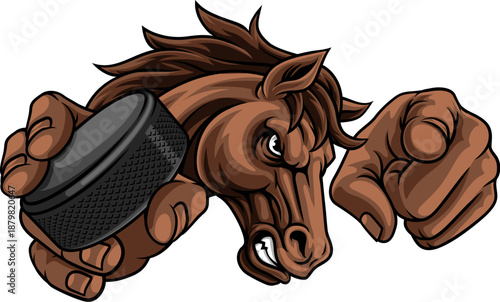 Horse mustang bronco stallion ice hockey angry sports team mascot holding a puck.