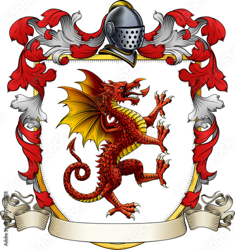 A Welsh dragon, symbol of Wales, coat of arms or crest family heraldry medieval heraldic animal knight shield with helmet and acanthus filigree scroll ornament in a vintage woodcut style.