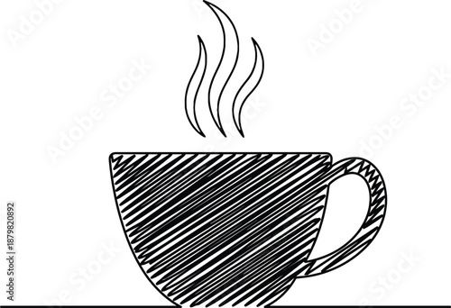 Continuous line drawing of coffee cup in ink style, minimalist coffee illustration for banner and poster design