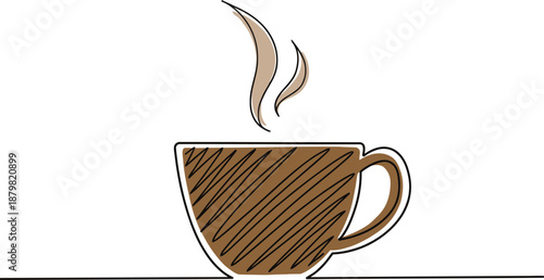 Continuous line drawing of coffee cup in ink style, minimalist coffee illustration for banner and poster design